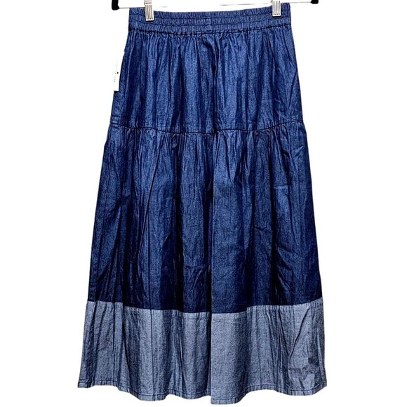 Tiered Denim Maxi Skirt Elastic Waist Two-Tone Contrast Hem Lightweight - Picture 1 of 4